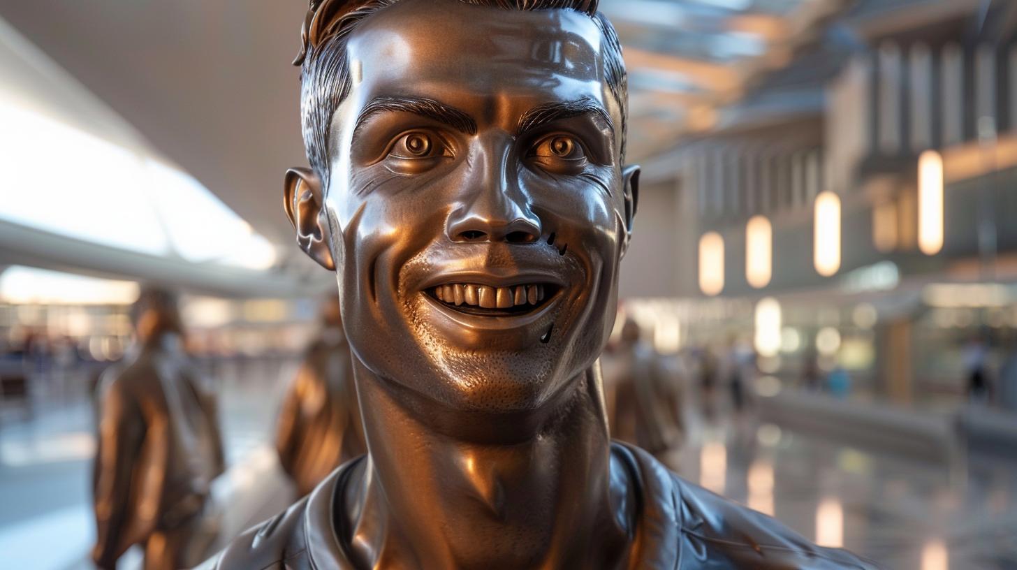 Cristiano Ronaldo modified statue with a smirky face based on the iconic (older) portrait statue